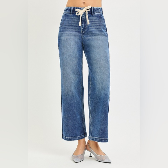 RISEN Elastic Band High Rise Cropped Wide Jeans